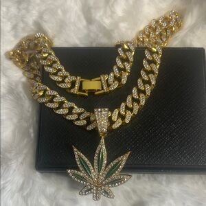 Gold Tone Cuban Link Necklace with Green Leaf Pendant